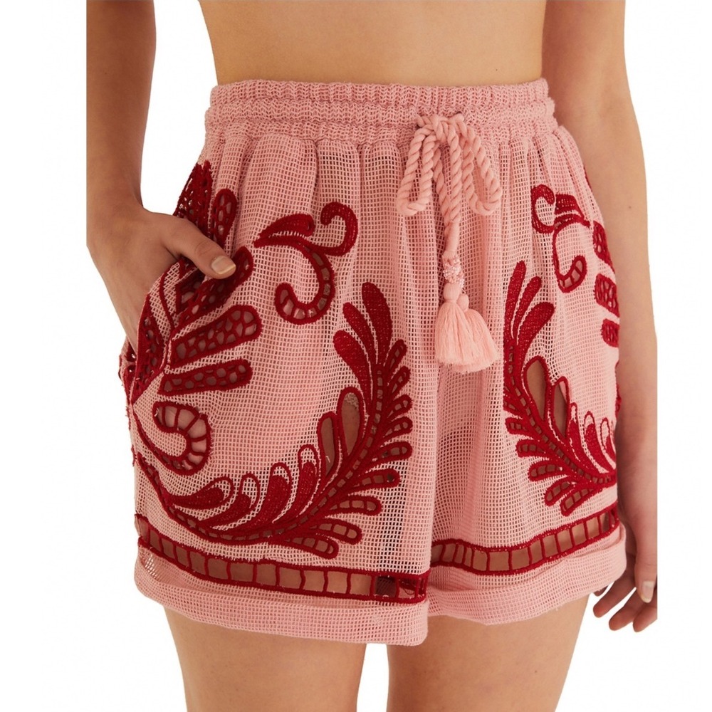 Farm Rio Arabesc Shorts Swim Cover-Up Light Pink Red Embroidered Cutout Medium